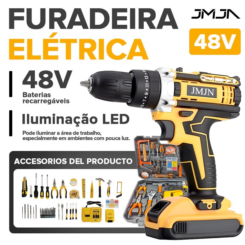 JMJN Furadeira Parafusadeira Sem Fio 48V 118 Peças com Bateria Recarregável e Maleta Completa Profissional em Oferta na Shopee
