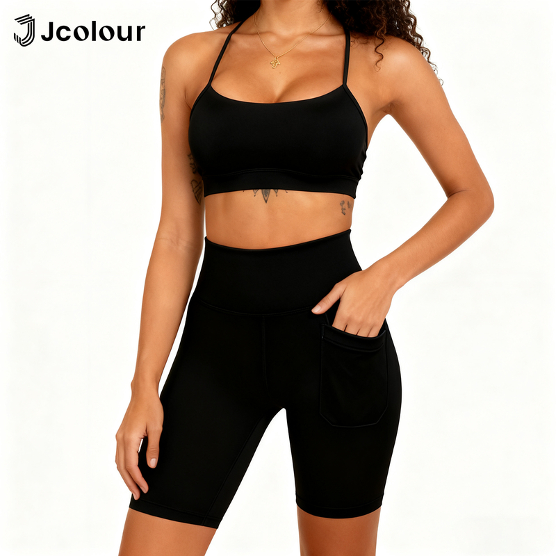 Jcolour Conjunto Academia Feminino Fitness Shorts e Top de Alça Zero Transparência em Oferta na Shopee
