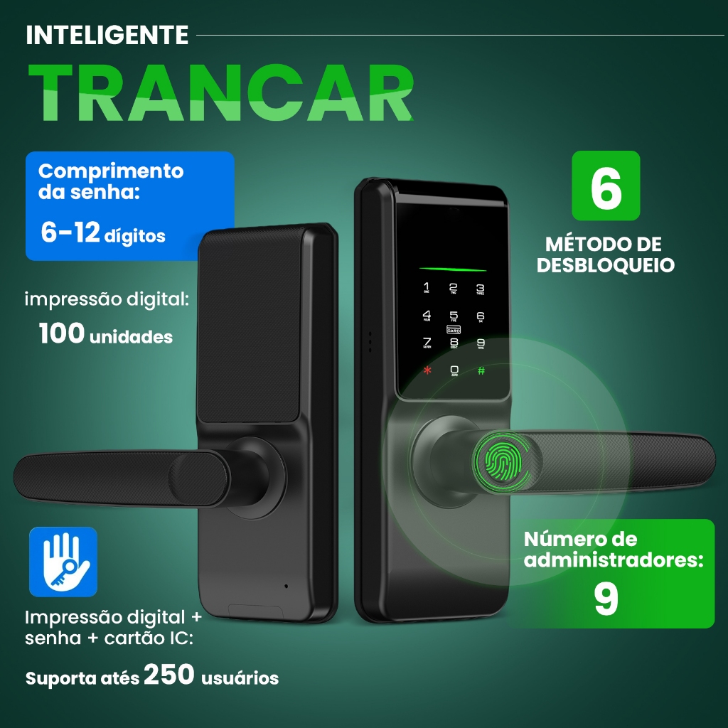 Fechadura Eletrônica Touch Biometria Digital, 6 em 1 Com Biometria, Bluetooth, Senha Touch, Chave e Tag, Tuya APP