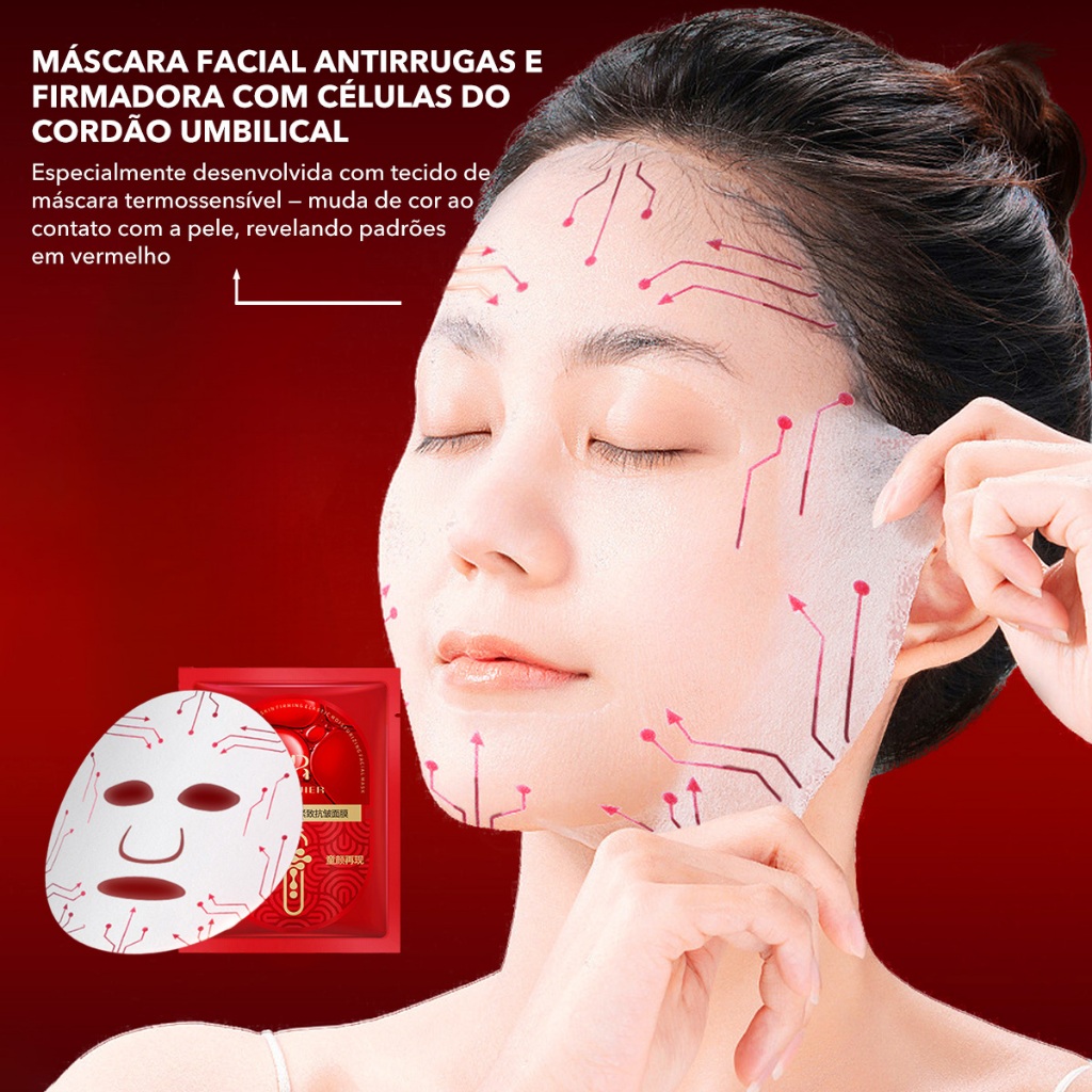 Máscara Facial Firmadora Antirrugas com Células de Cordão Umbilical, Hidratante, Reduz Rugas, Tecido Termossensível Muda