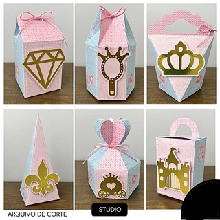 KIT festa  20 CAIXAS REALEZA MENINA com lamicote dourado em Oferta na Shopee