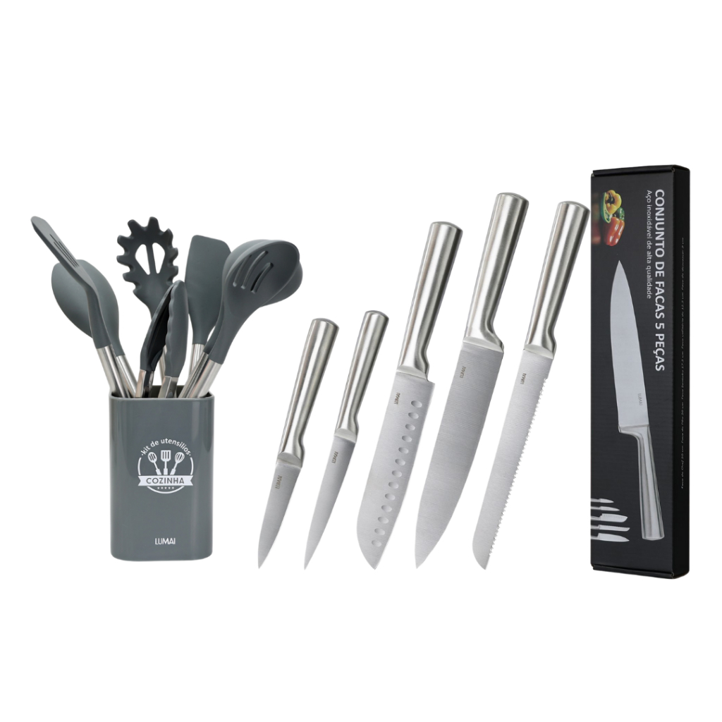 LUMAI Kit Cozinha Completo, Utensílios de Silicone com Inox e Conjunto de Facas de Aço Inox Premium