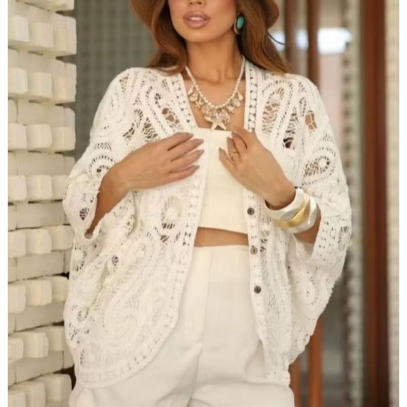 Cardigã Kimono De Renda Com Bordado Único em Oferta na Shopee