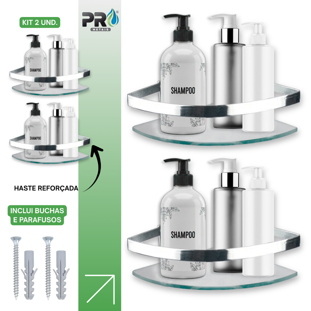 Porta Shampoo de canto Suporte de banheiro haste quadrada de luxo cromada vidro 6mm .