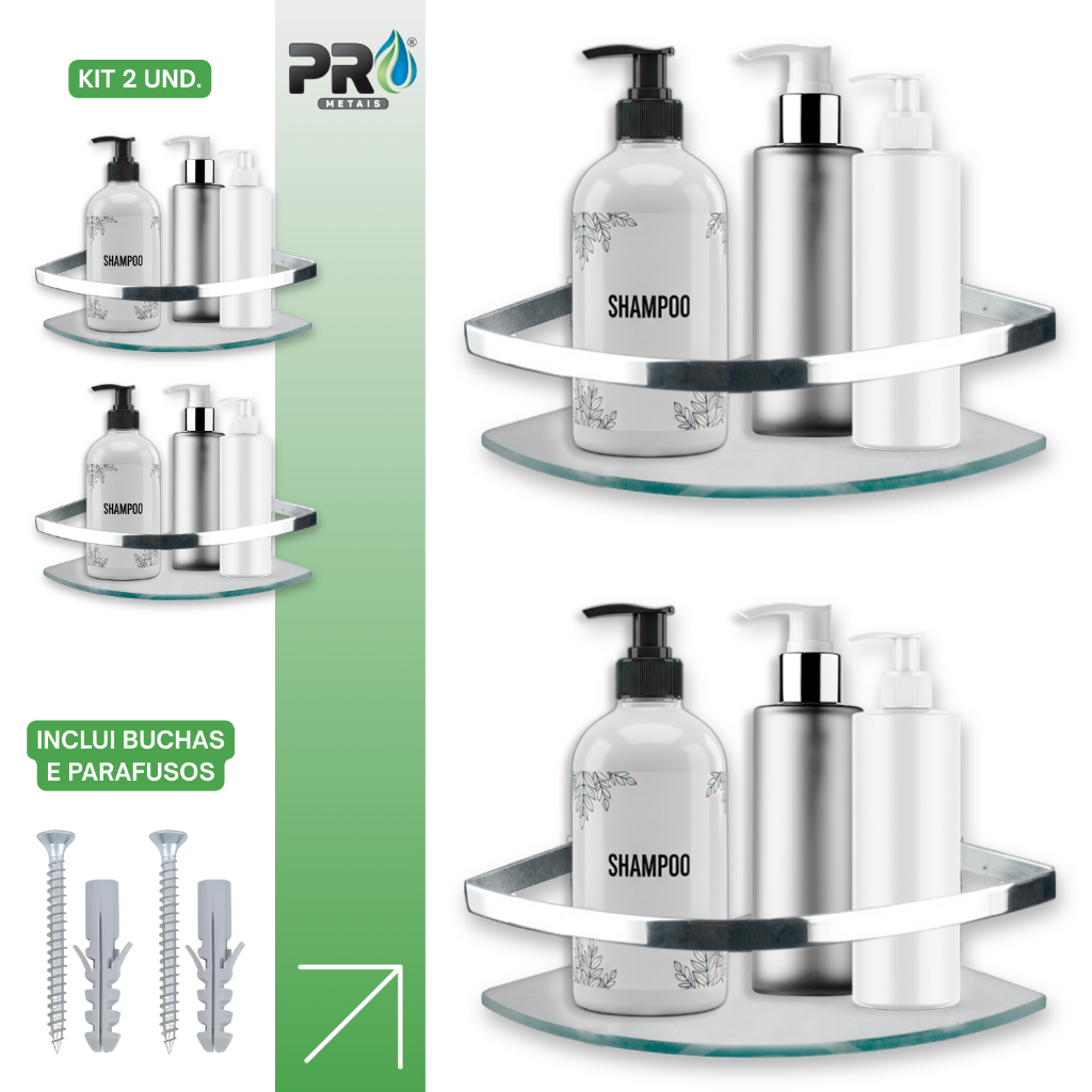 PORTA SHAMPOO PRATELEIRA BANHEIRO SUPORTE VIDRO TEMPERADO 6 MM HASTE ALUMÍNIO CANTO CROMADO KIT 2 UN