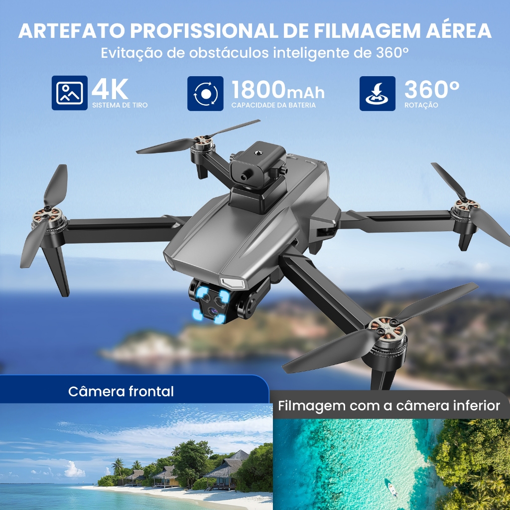 Drone Dobrável Câmera 4K Ultra HD Evitação de Obstáculos 360°, Controle com Tela, 2 Baterias , Fotografia Aérea Estável