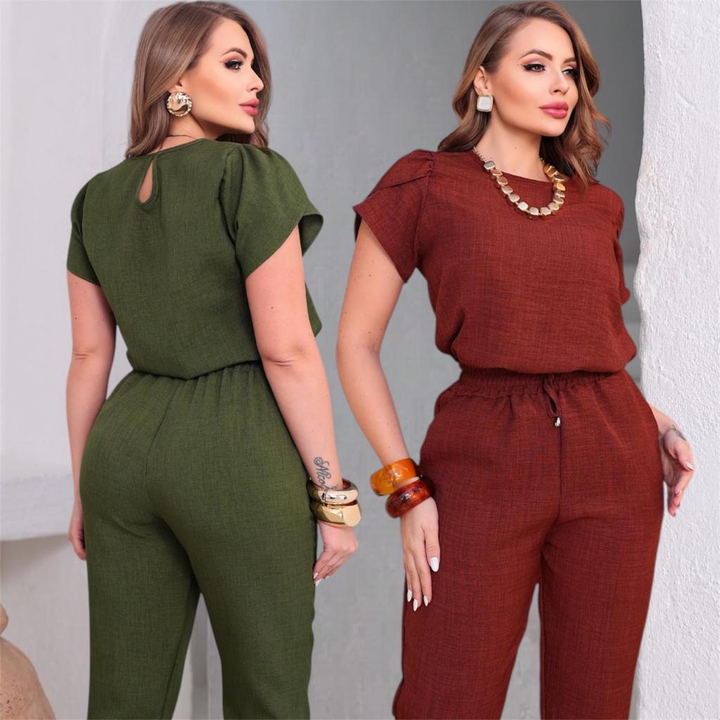 Conjunto Feminino Casual Calça e Blusa em Linho Elegante Sofisticado Uniforme