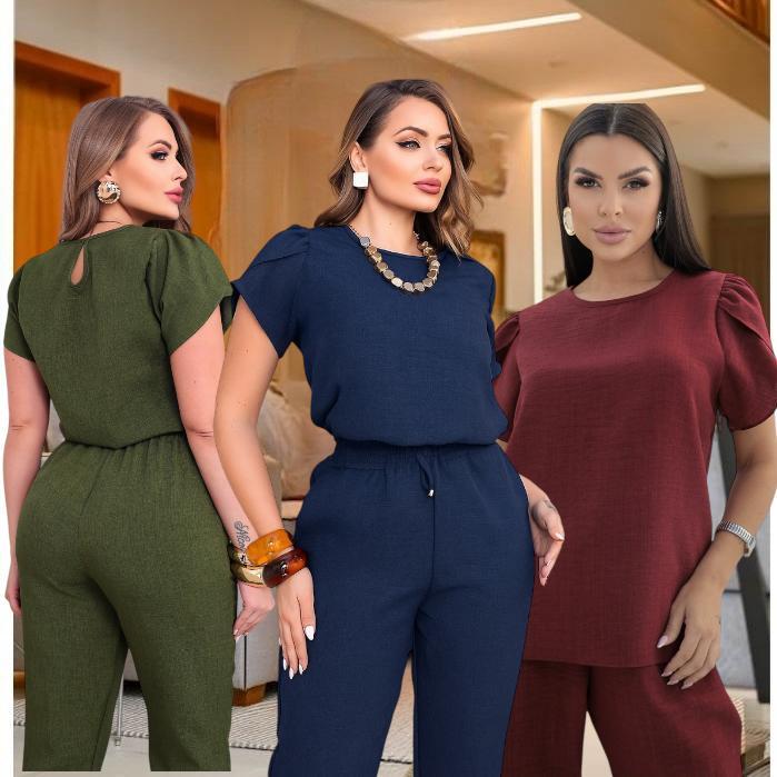 Conjunto Feminino Casual Sofisticado Blusa e Calça em Linho roupa feminina Festa Uniforme