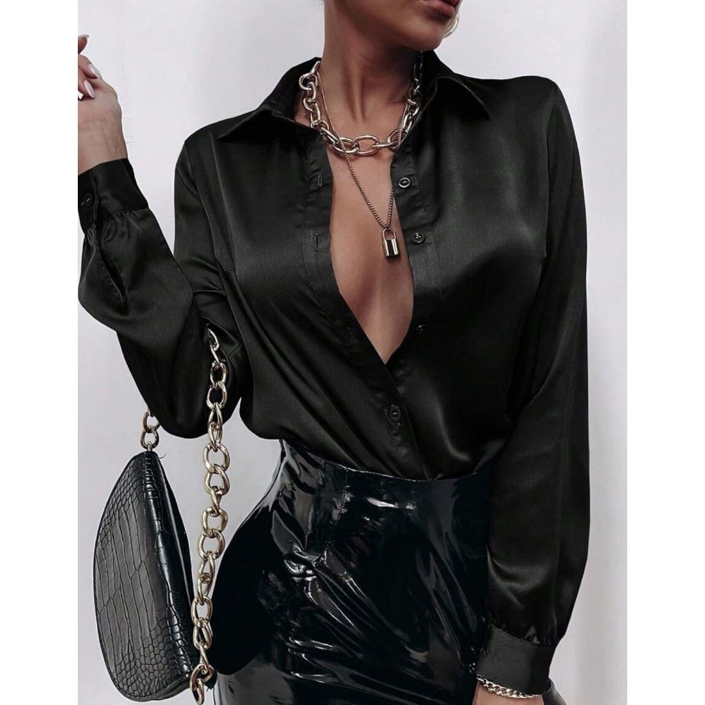 Camisa Feminina Manga Longa Seda Acetinado Social Elegante Moda Tendência em Oferta na Shopee