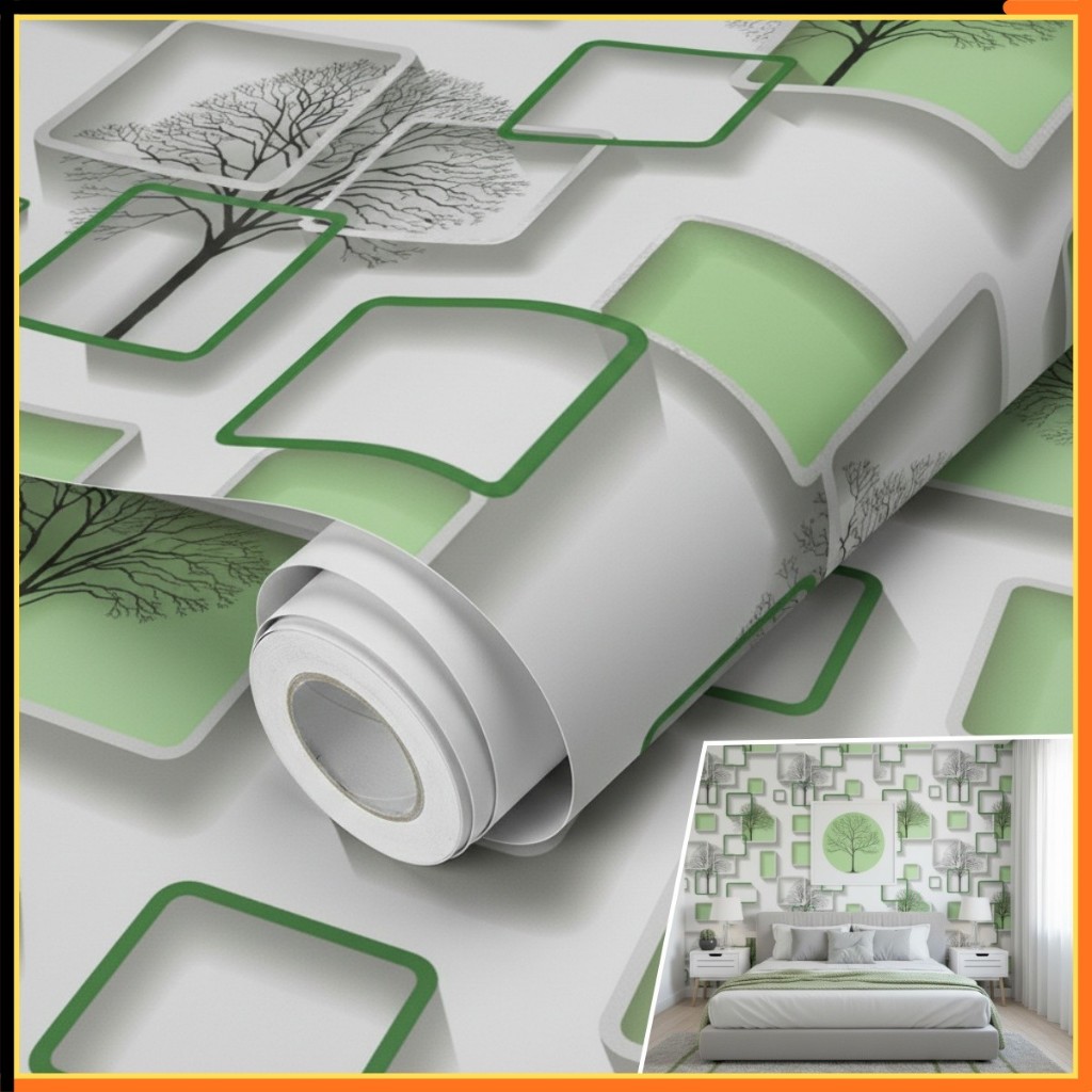 Papel De ParedeVerde  moldura quadrada 3D e árvore Decoraçao Vinilico Tamanho 5mX45cm em Oferta na Shopee