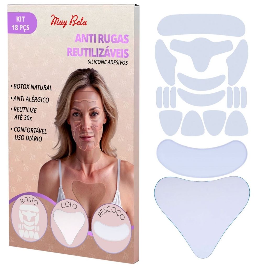 Kit Adesivo Silicone Anti Rugas Reutilizável Muy Bela 17 Peças Triângulo Colo Peito Skin Care Colágeno Lavável até 30x