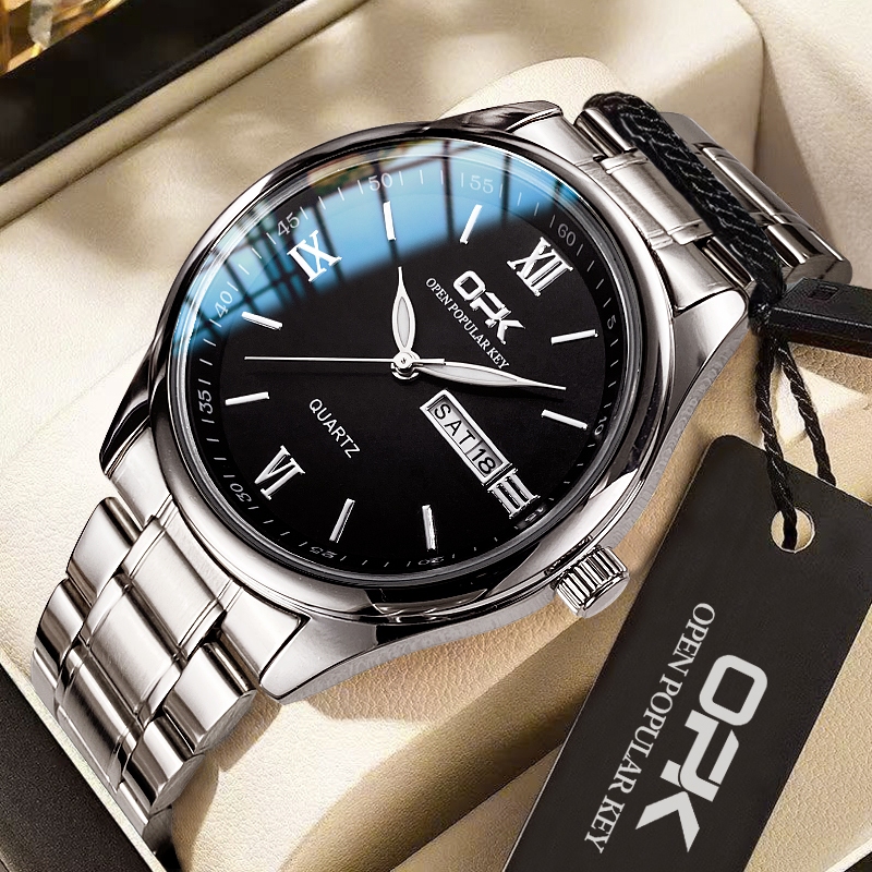 OPK Relógio Preto Prata masculino Original luminoso À prova de água relogio quartzo Calendário Aço Inoxidável 8123 em Oferta na Shopee