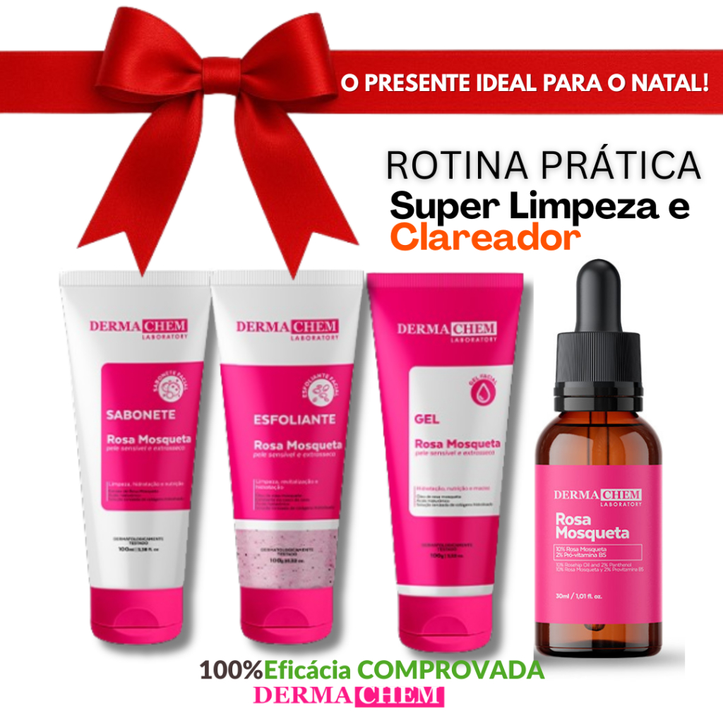 Kit Skincare Rotina Prática CLAREADOR ROSA MOSQUETA:Sabonete+Esfoliante+Gel Hidratante+Sérum - 4 ITENS