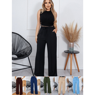 MF Calça Pantalona Verão Feminina Cintura Alta Com Bolso em Oferta na Shopee