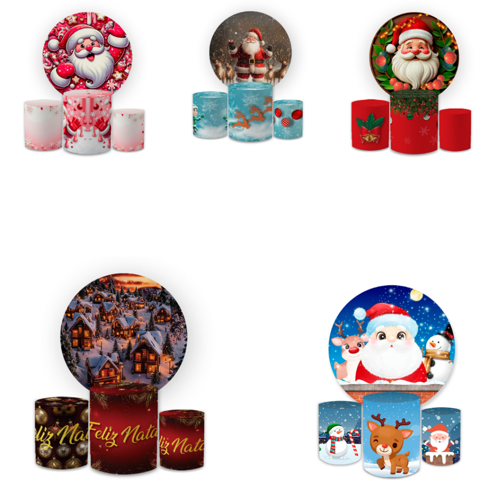 Kit Capa Painel e Trio Cilindro Sublimado Especial Festa de Natal Papai Noel Decoração Natalina