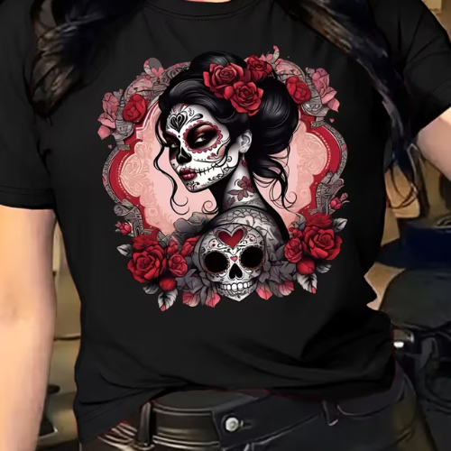 CAMISETA FEMININA ESTAMPADA ESTILO CAVEIRA MEXICANA,NOVIDADE ESTILOSA,CATRINA GOOTICA MEXICANA TATOO ROCKABILLY