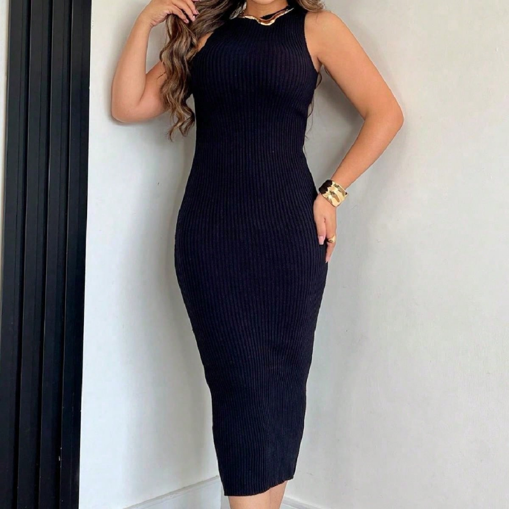 Vestido Midi de Tricot Modal – Modelagem Elegante – Feminino Sem Manga – Caimento Premium