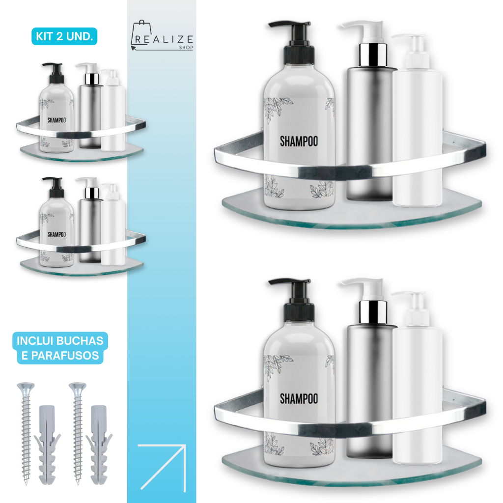 Kit 2 Porta Shampoo Prateleira Banheiro Suporte Vidro Temperado 6mm Haste Alumínio Canto Cromado