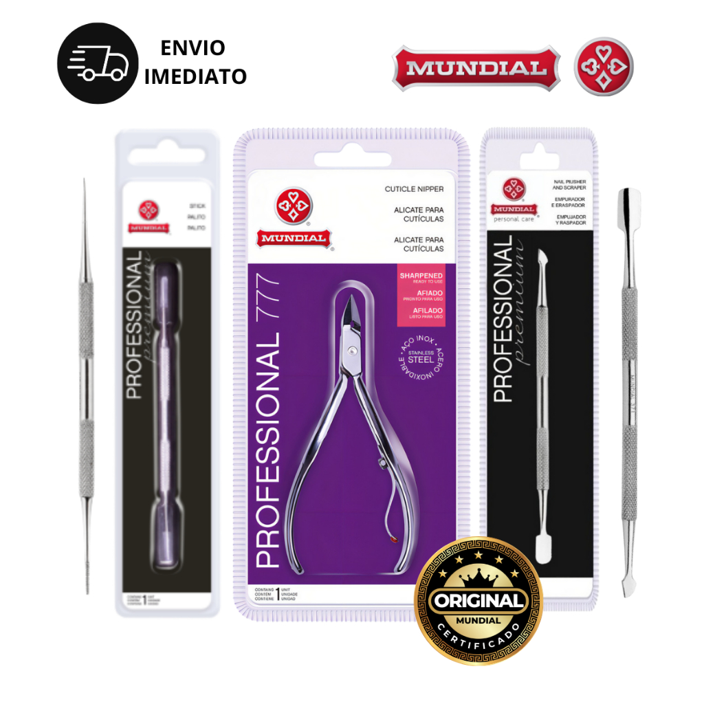 Kit Manicure Profissional Alicate de Unha Mundial 777 + Espátula 371m + Palito 375m Aço Inox Pedicure Salão de Beleza