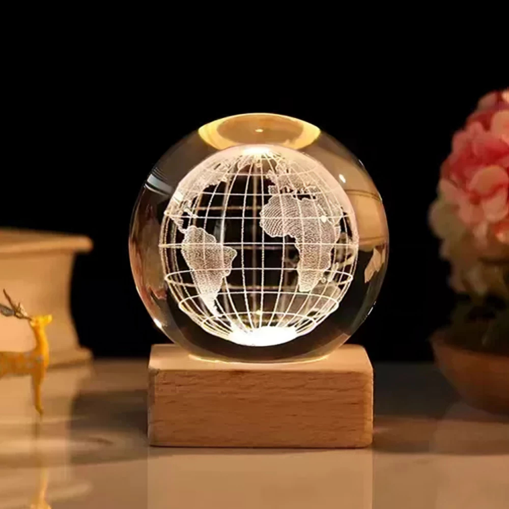 Luminária Bola de Cristal Led Mesa Globo Vidro 3d Base Madeira
