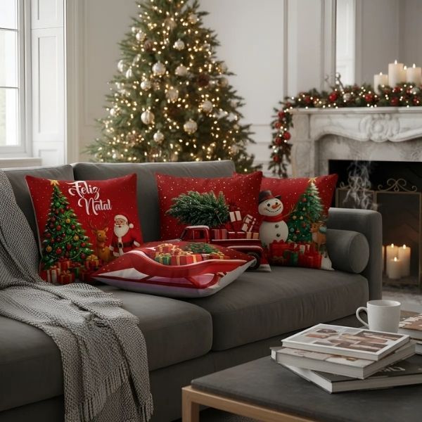 Kit Capas de Almofada Natal 4 Peças 45x45cm com Zíper