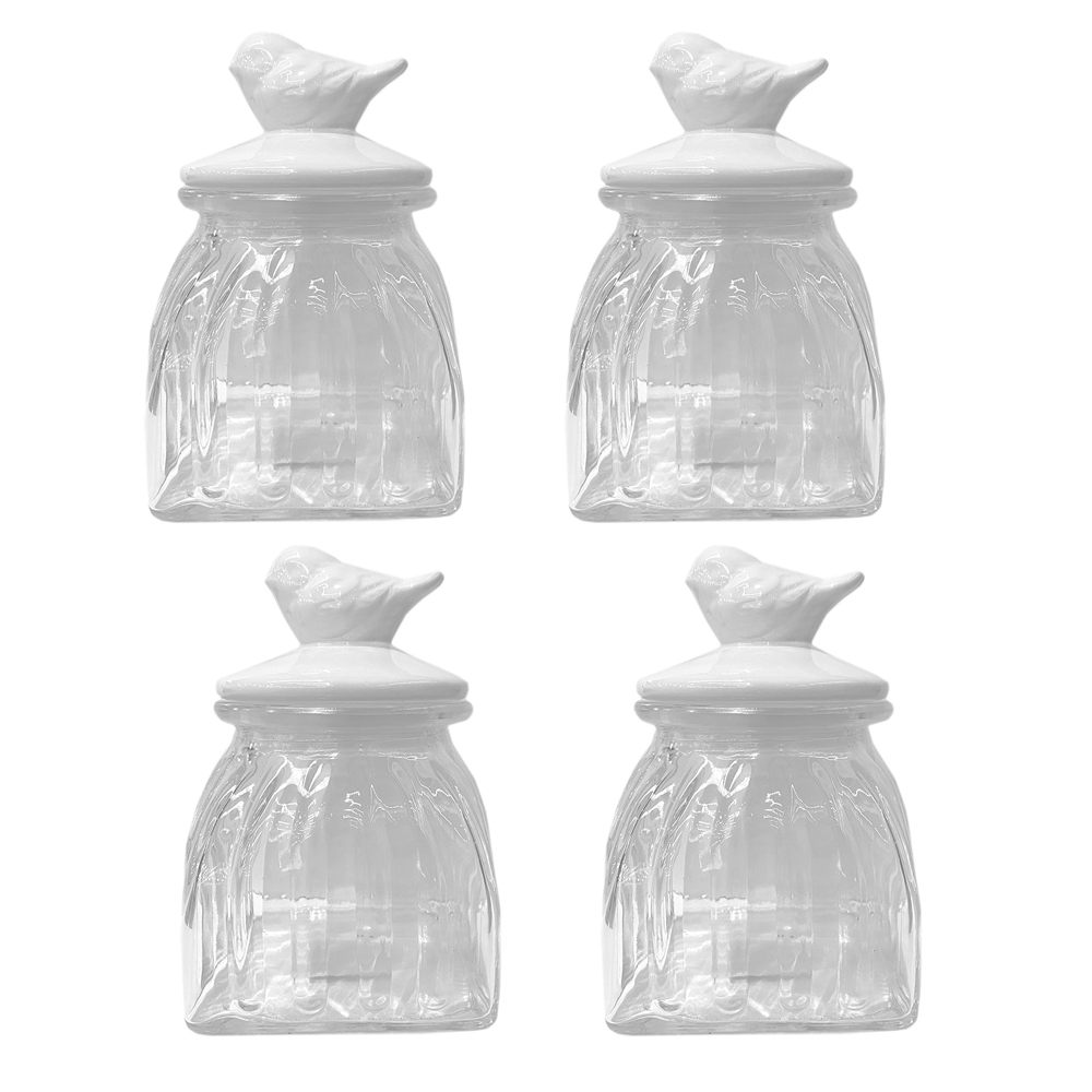 Kit 4 Potes Vidro Tampa Cerâmica Pássaro 750ml Class Home