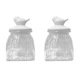 Kit 2 Potes Vidro Tampa Cerâmica Pássaro 750ml Class Home