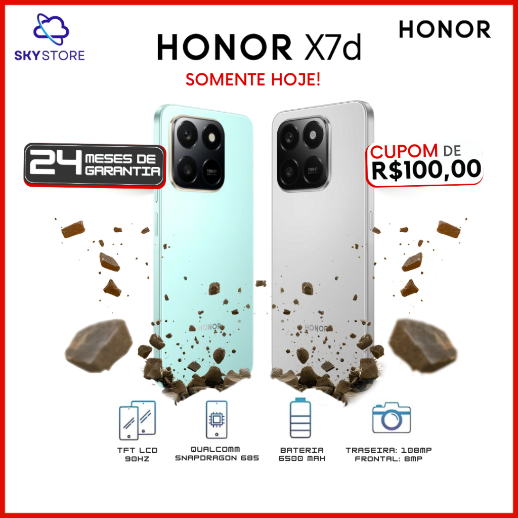 HONOR X7d 4G, 256GB / 8GB RAM, Processador Qualcomm Snapdragon 685, Câmera 108MP, Bateria 6500mAh, Versão Global