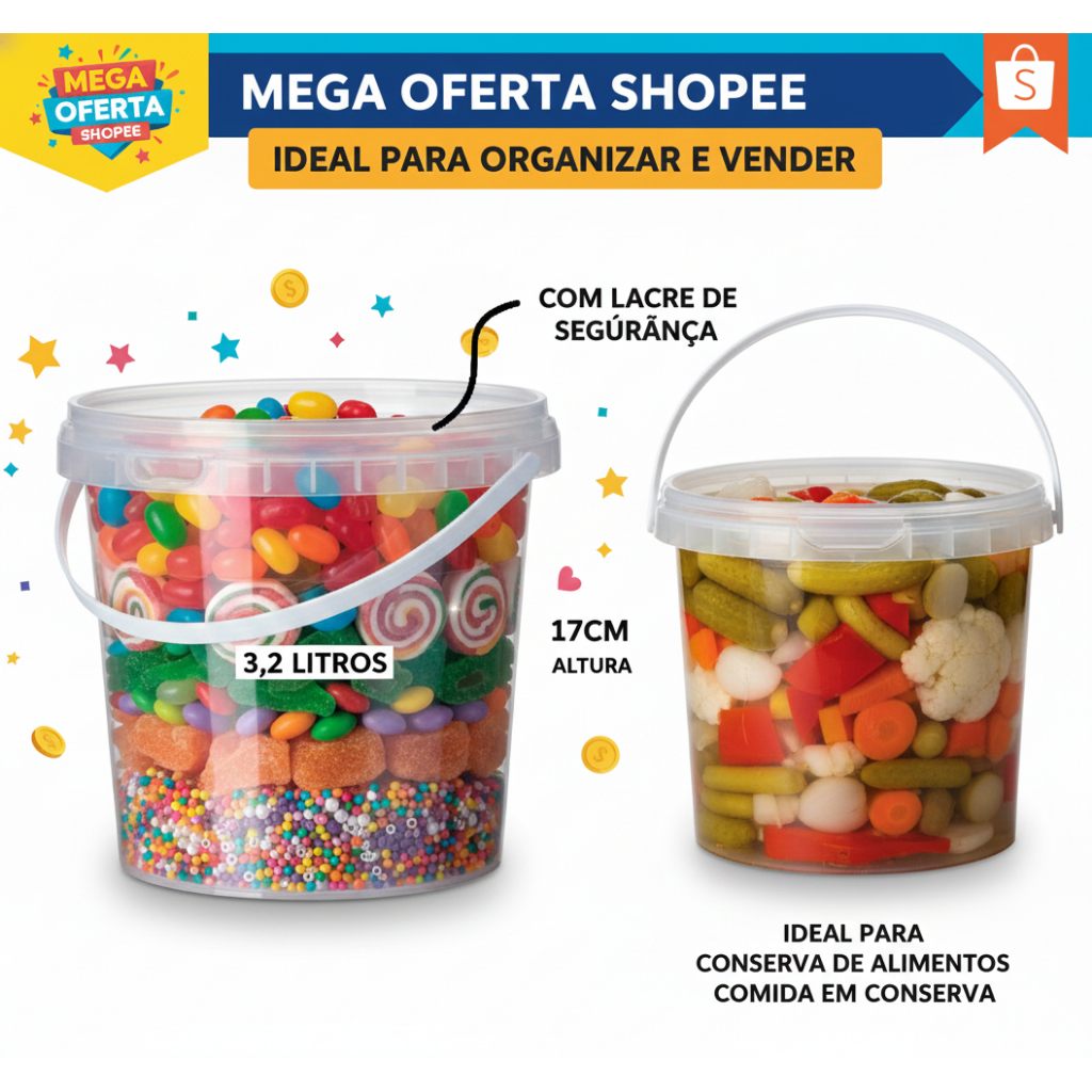 Balde 3,2 Litros Plástico C/ Tampa Lacre de Segurança Multiuso Tinta Massa Armazenamento Doces