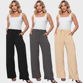 Calça Feminina Pantalona Listrada Risca de Giz de Amarrar Elegante em Oferta na Shopee