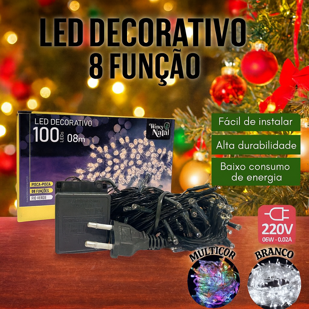 Pisca Pisca Natalino Luzes de Natal Decoração Branco Colorido 100 LEDs 8 Metros