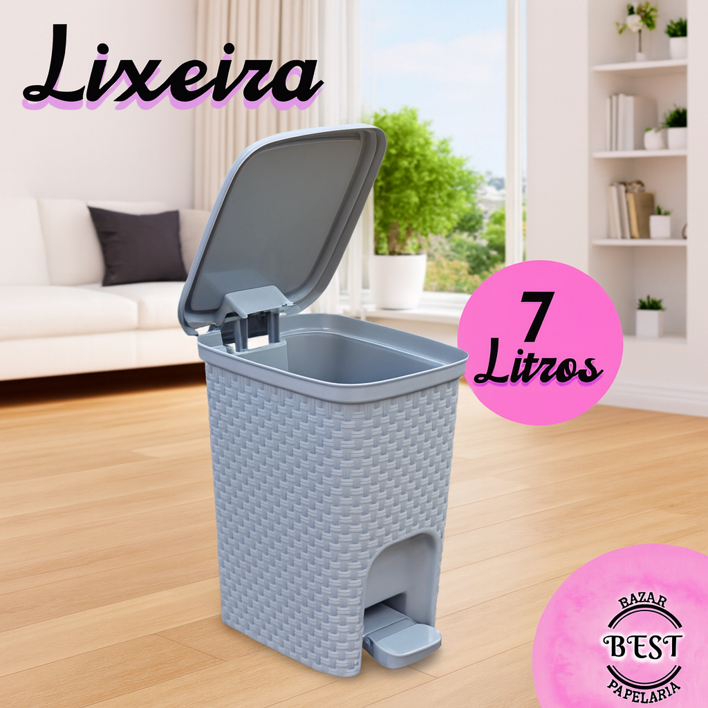 Lixeira 7 litros Cinza Cozinha Banheiro Rattan Arqplast Pedal C/ Tampa