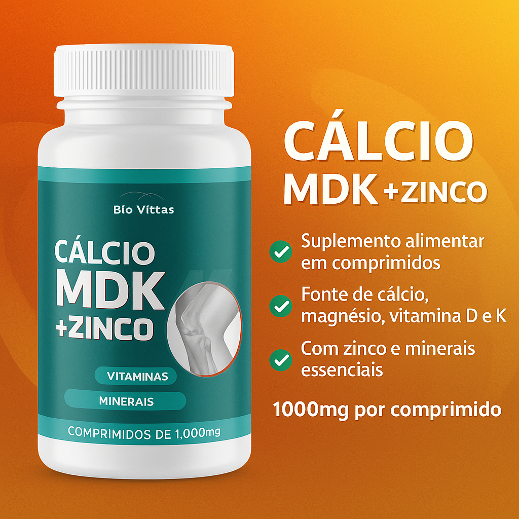 Magnésio + Cálcio Vitamina e Zinco Vitamina D3 2.000 UI e K2 - MDK + ZINCO 60 Comp - Bio Vittas