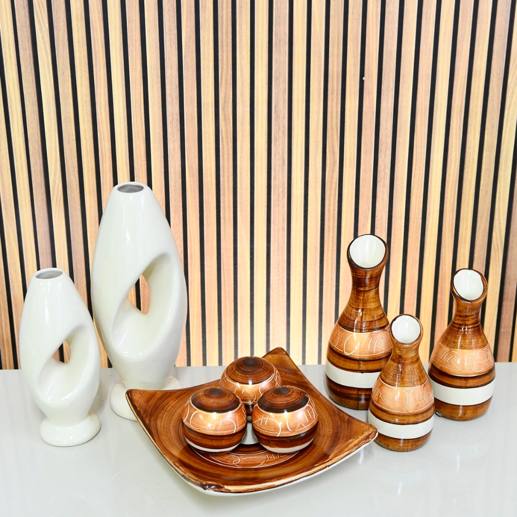 Kit Dupla Centro de mesa 9 peça Conjunto Cerâmica Enfeite Rack Completo Decorativa trio vasos centro