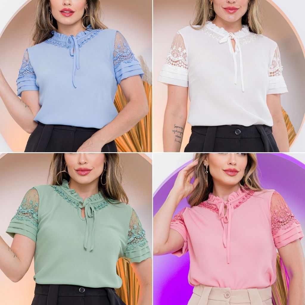 Blusa Feminina Evangélica Com Pérolas Gola Frunzido Cordão e Manga Renda Guipir