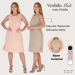 Vestido Midi Feminino Clássico Sem Mangas Decote Redondo com Fendas Zíper Invisível nas Costas Elegante