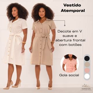 Vestido Midi Chemise Feminino Estilo Social com Gola Amarração na Cintura Botões Frontais em Oferta na Shopee