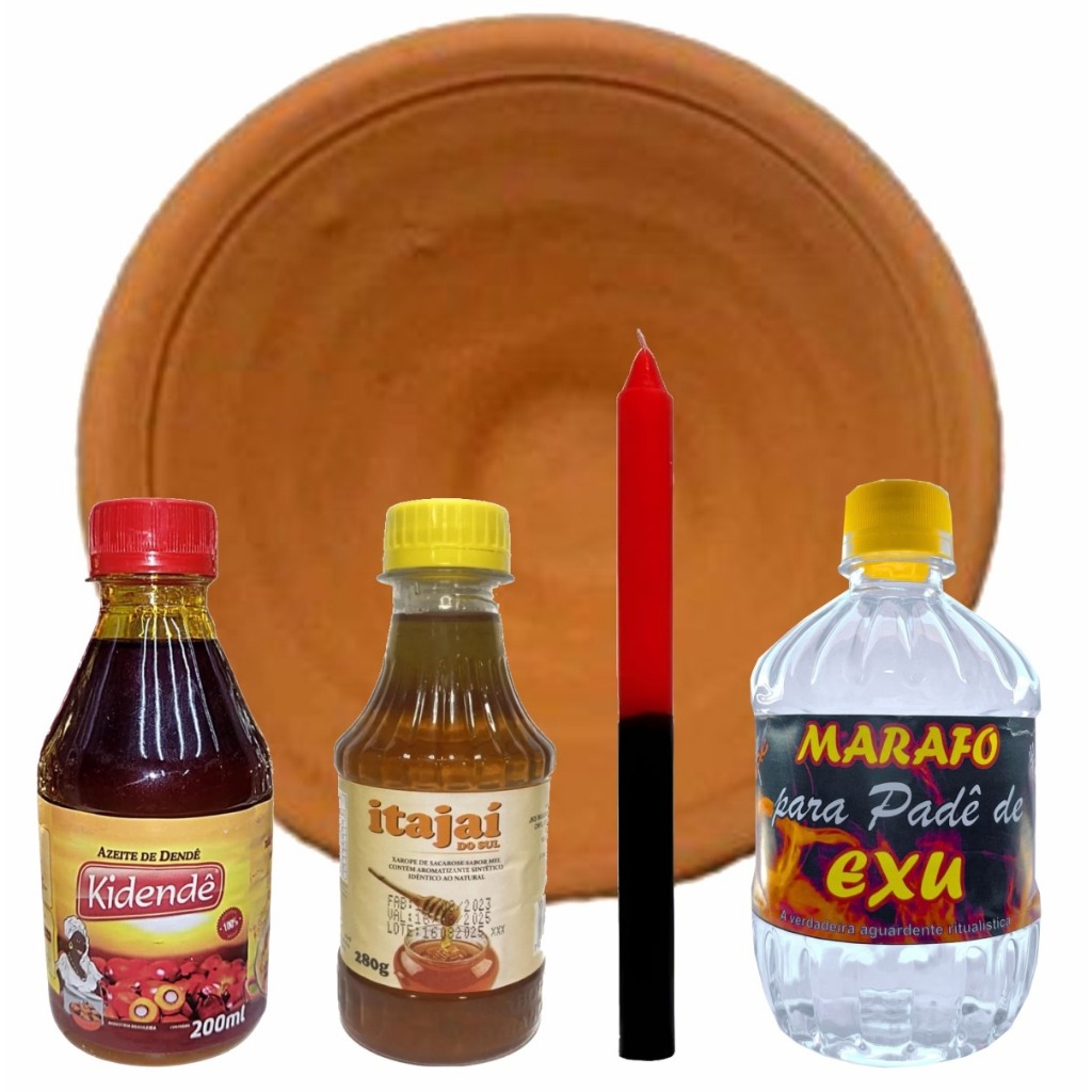 Pade de Exú para Oferenda Completa - Alguidar 25cm, Marafo de exu, Mel, Dende e Vela preta c/ vermelha Umbanda Candomblé