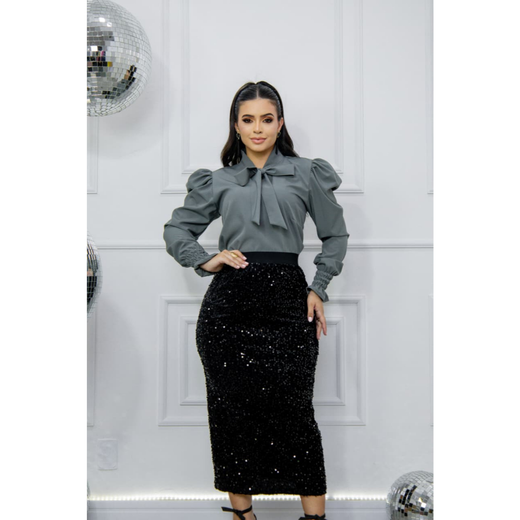 Saia Longa Longuete Lápis Paetês Brilho Elegante Moda Festa Noite Cintura Alta Chique em Oferta na Shopee