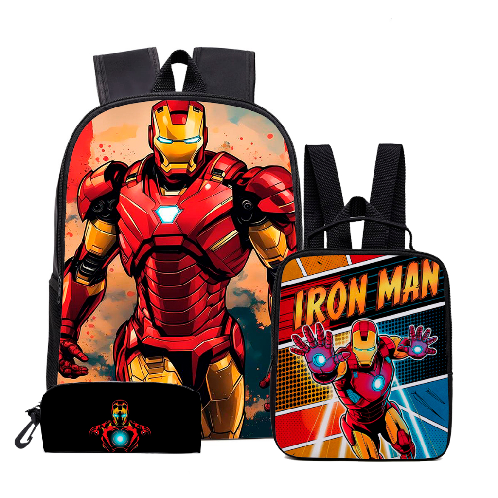 Kit Escolar Volta as Aulas Infantil Mochila + Lancheira Térmica Costas + Estojo Escola Prática Modelo Homem de Ferro em Oferta na Shopee