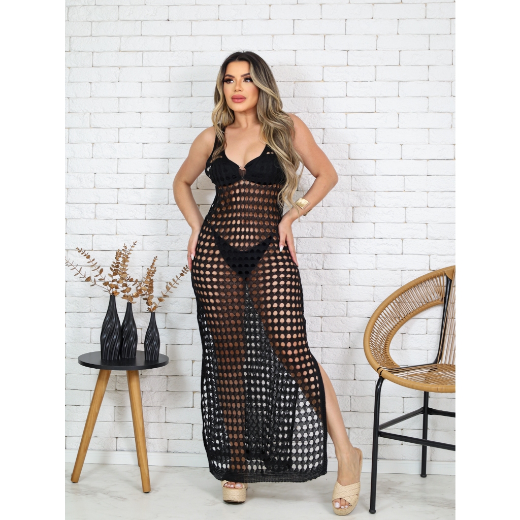 MF Vestido de Renda Tricot Decote V Saída de Praia em Oferta na Shopee