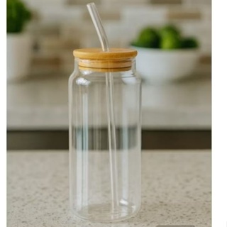 Copo de Vidro 600ml com Canudo e Tampa de Bambu- Chá gelado- shake- bebidas- verão em Oferta na Shopee