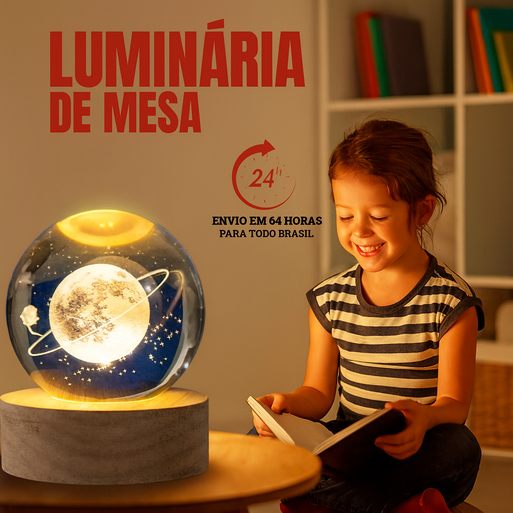 Luminária Cristal de Mesa Sistema Solar Saturno Lua Galáxia LED Base Madeira Enfeite Decorativo Casa
