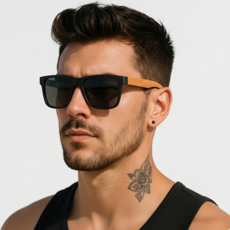 Óculos de Sol com Haste de Madeira - Lente Preta – Lentes UV, Estilo Moderno e Leve em Oferta na Shopee
