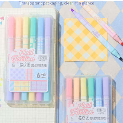 Caneta Marca Texto Bicolor Kit 6 Canetas 6 Cores 12 Tons Pastéis e Vibrantes Para Escola/Estudos/Resumos/NOVO