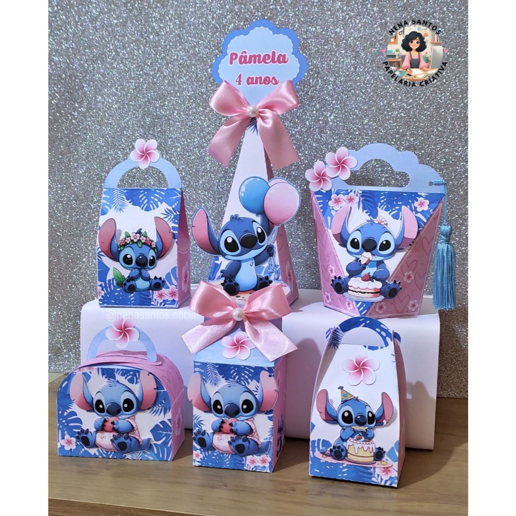 Kit Caixinhas Festa STITCH Personalizados com Aplique (PEGUE E MONTE)Lembrancinhas Caixinhas Festa Infantil Stitch