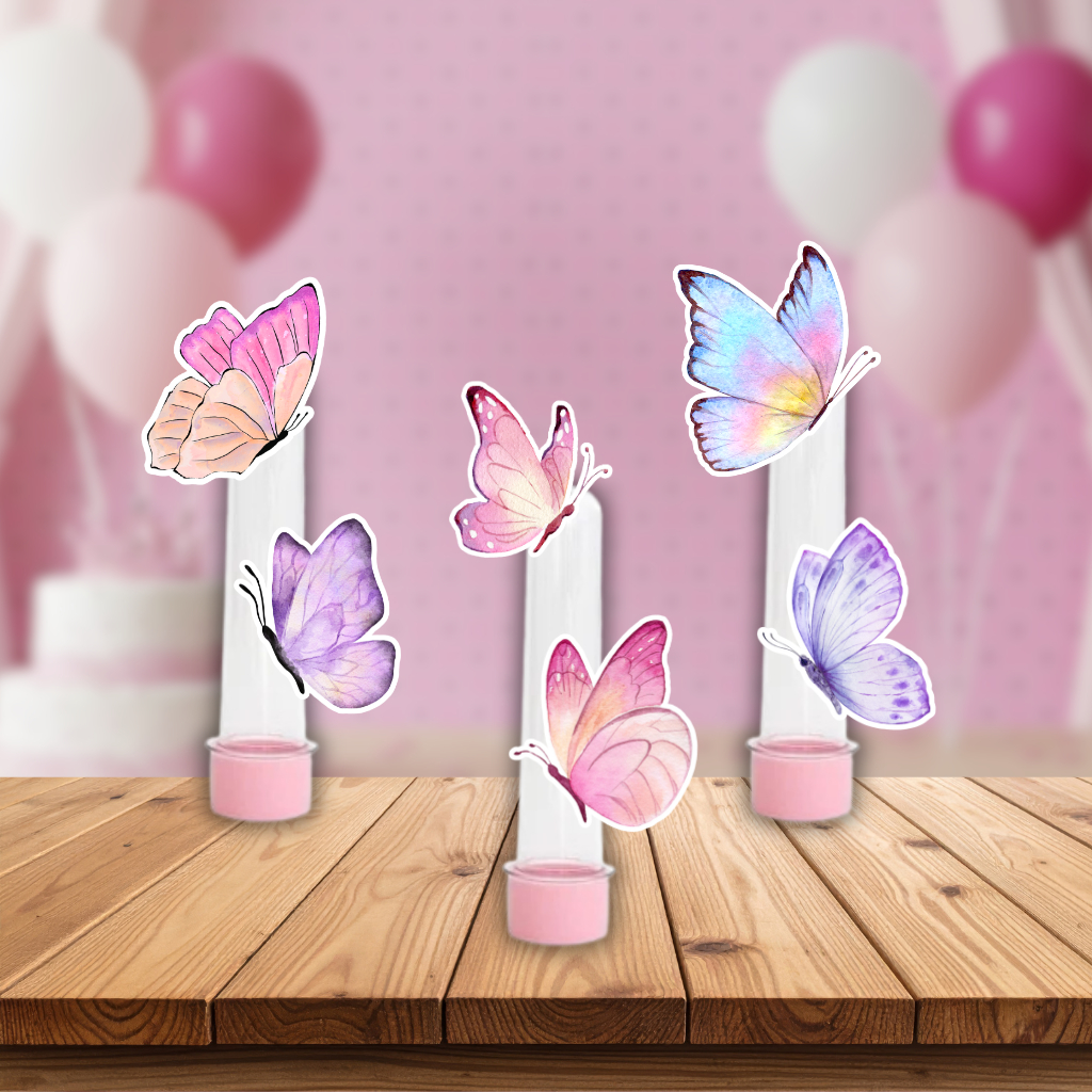 Aniversário Festa Borboletas Jardim Encantado - 30/60 Apliques para Tubetes 13 cm - Lembrancinha