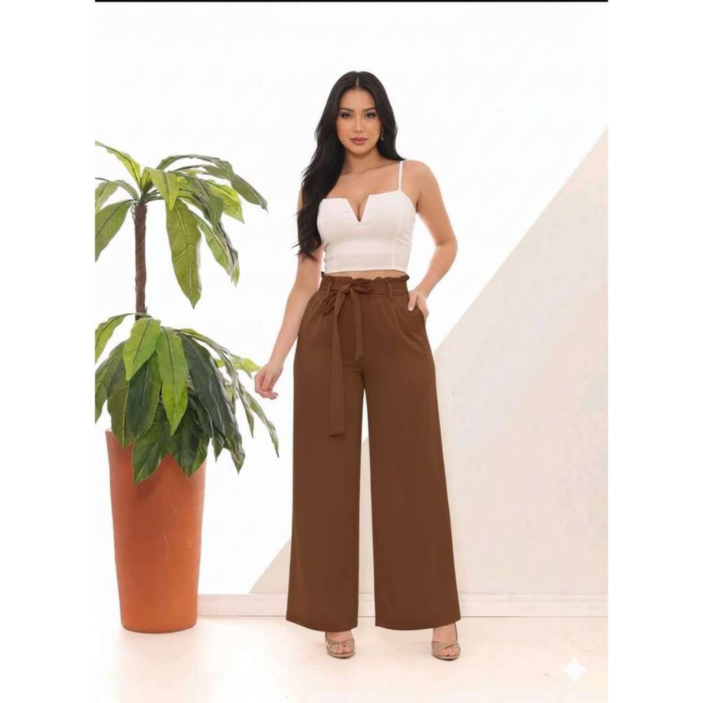 Calça pantalona Feminina  Cintura alta e  elástica Tecidos duna Com Bolso Com Cinto Amarrada