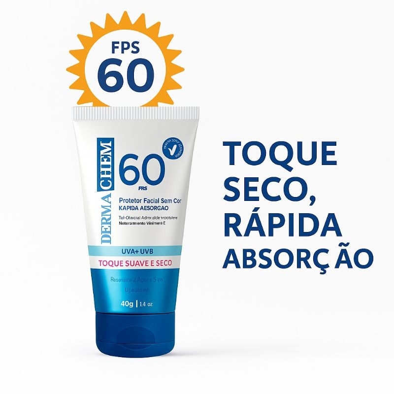 Protetor Solar Facial DermaChem FPS 60 – Toque Seco, Rápida Absorção, Resistente à Água, Uso Diário – 40g