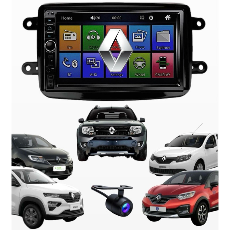 Central Multimidia Mp5 Renault Duster Sandero Kwid Logan Captur Oroch Espelhamento Bluetooth + Moldura + Camera de ré